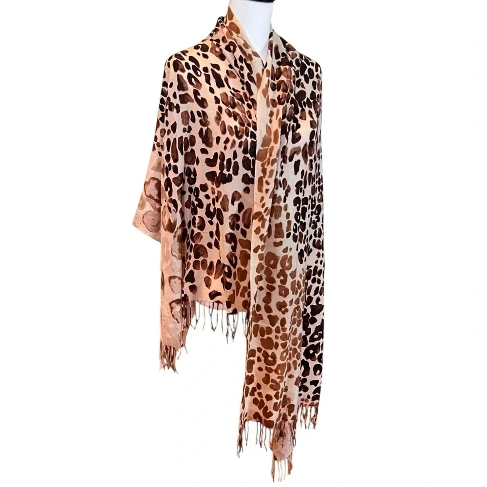 Leopard Print Fringe Scarf Wrap Shawl Neutral Tan Brown Animal Print